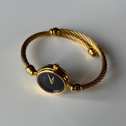 Gucci 1990s Black Dial Gold Plated Cable Bangle Watch
