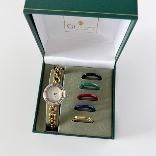 Gucci 1990s Interchangeable Bezel Gold Plated Watch with 6 bezels, case (178mm)