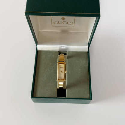 Gucci 1990s Seashell Rectangular Dial Gold Plated Bangle Watch