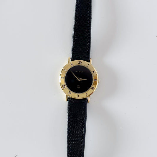 Gucci 1990s Black Dial Gold Plated Watch