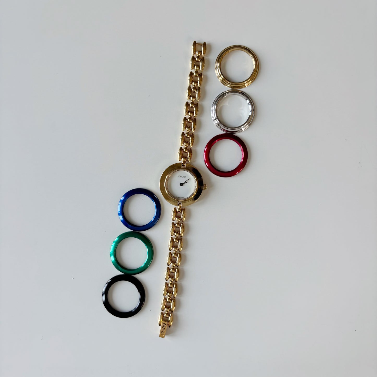 Gucci 1990s Interchangeable Bezel Gold Plated Race Chain Watch with case, 6 bezels (160mm)