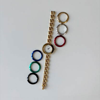 Gucci 1990s Interchangeable Bezel Gold Plated Race Chain Watch with case, 6 bezels (160mm)