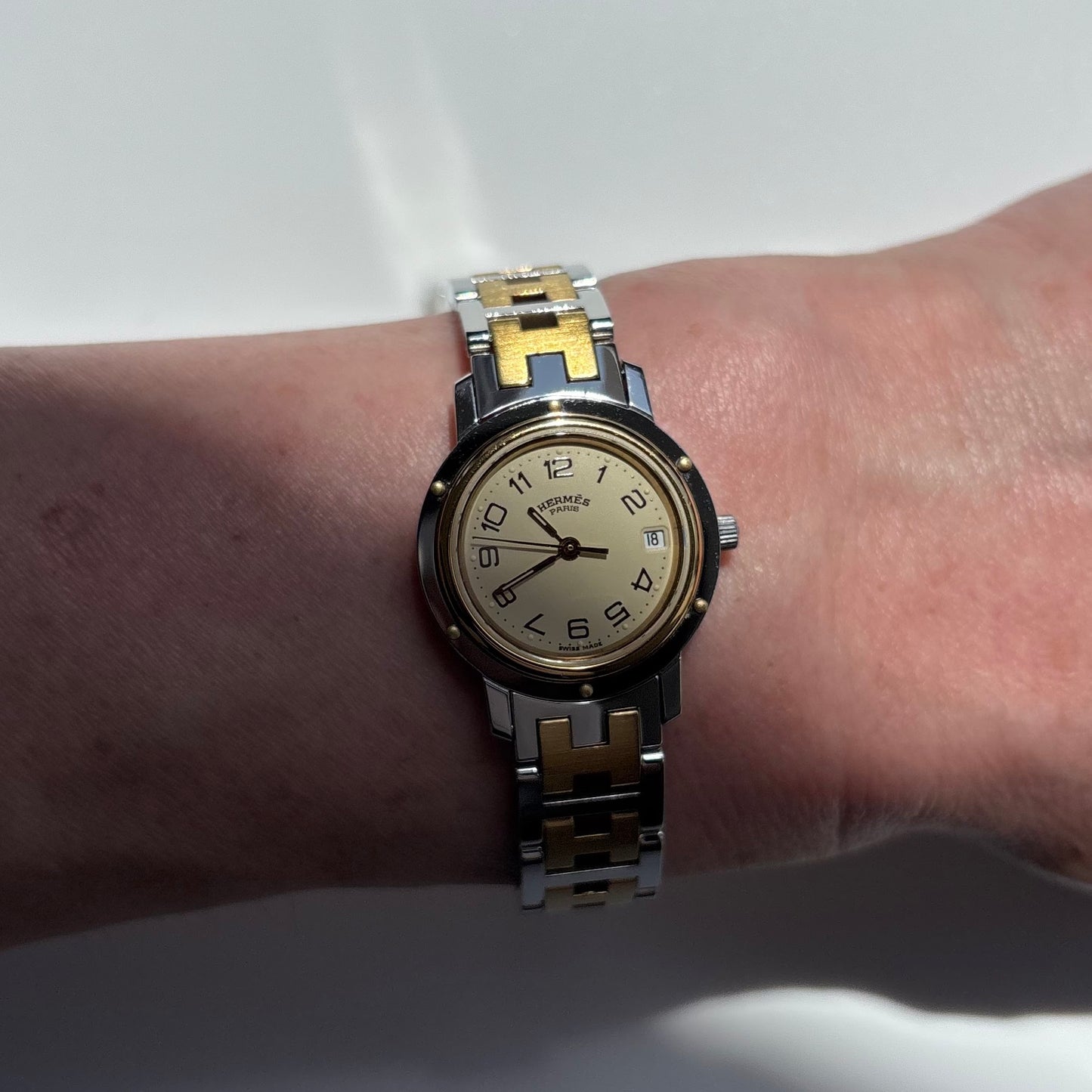 Hermes 1990s Clipper Date Round Dial Gold Plated Two Tone Watch