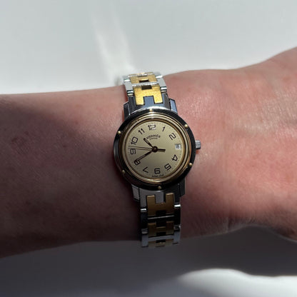 Hermes 1990s Clipper Date Round Dial Gold Plated Two Tone Watch