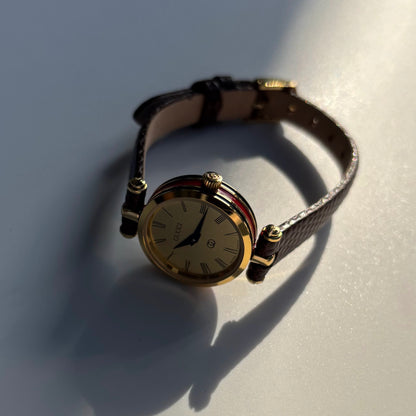 Gucci 1990s Round Gold Dial Gold Plated Watch