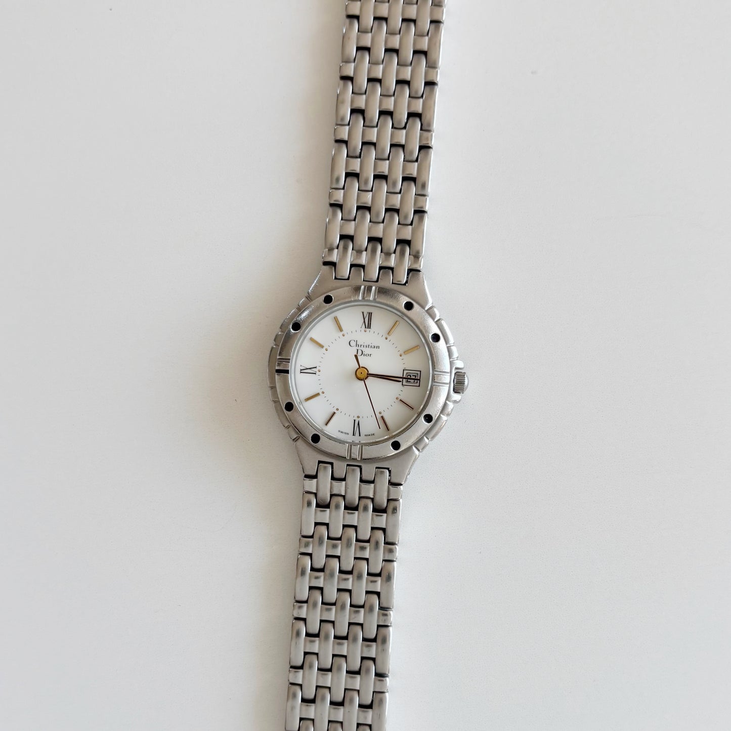 Dior 1990s Date Round Dial Silver Watch