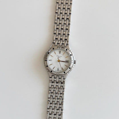 Dior 1990s Date Round Dial Silver Watch