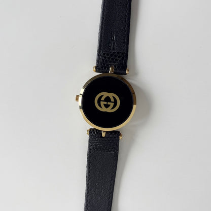 Gucci 1980s Round Black Dial Gold-Plated Watch (Large)