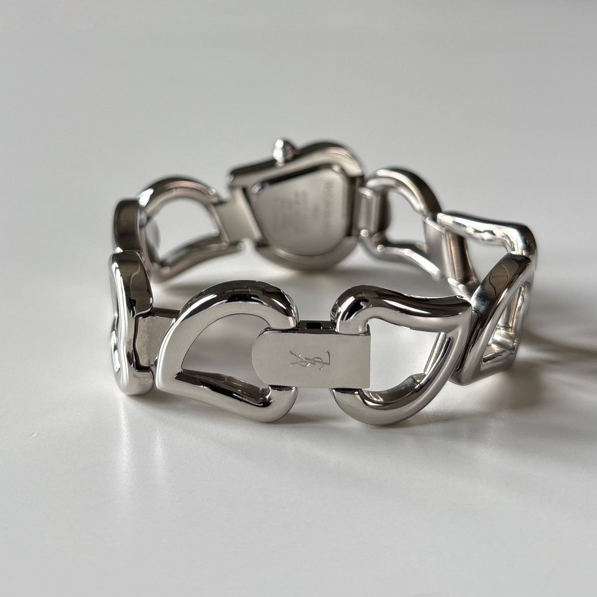 Yves Saint Laurent 1990s Heart Shaped Dial Band Silver Watch