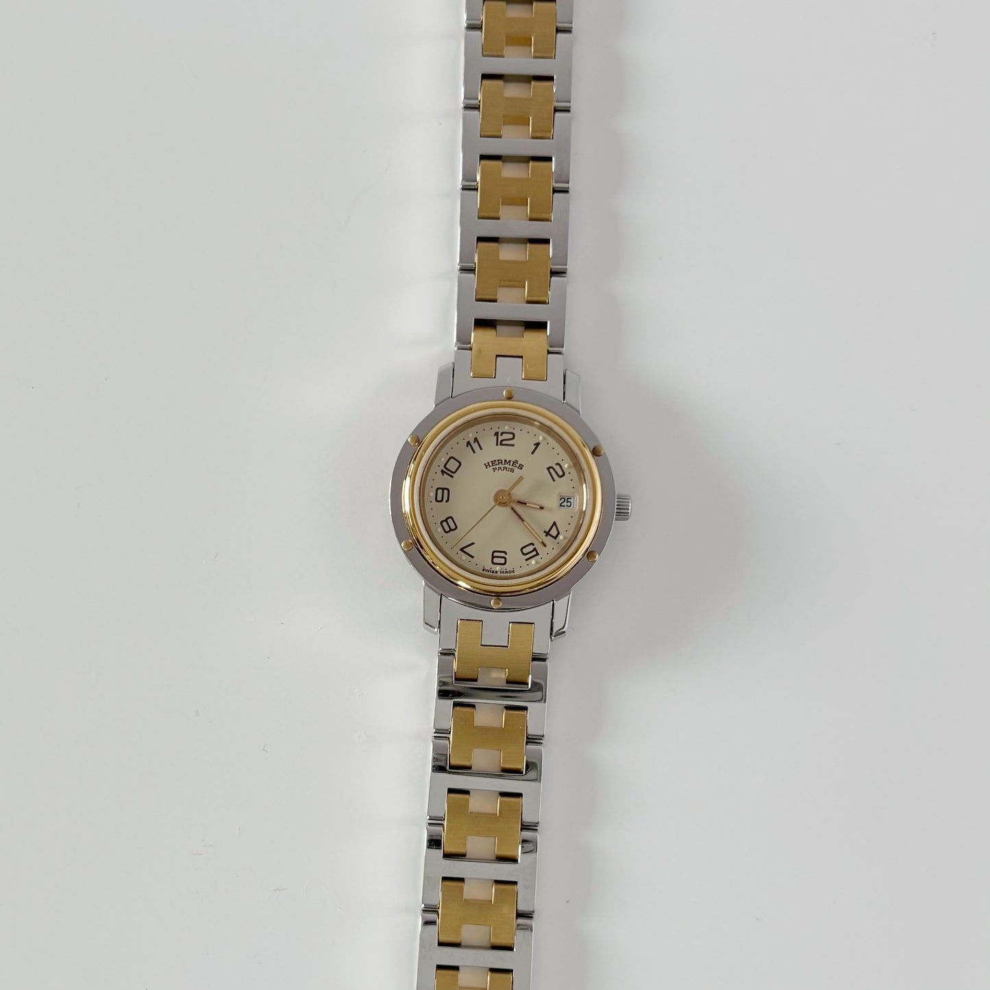Hermes 1990s Clipper Date Round Dial Gold Plated Two Tone Watch