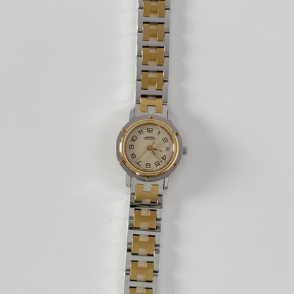 Hermes 1990s Clipper Date Round Dial Gold Plated Two Tone Watch