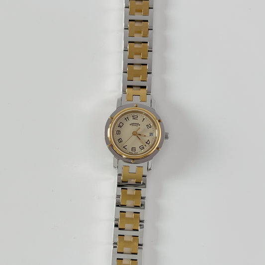 Hermes 1990s Clipper Date Round Dial Gold Plated Two Tone Watch
