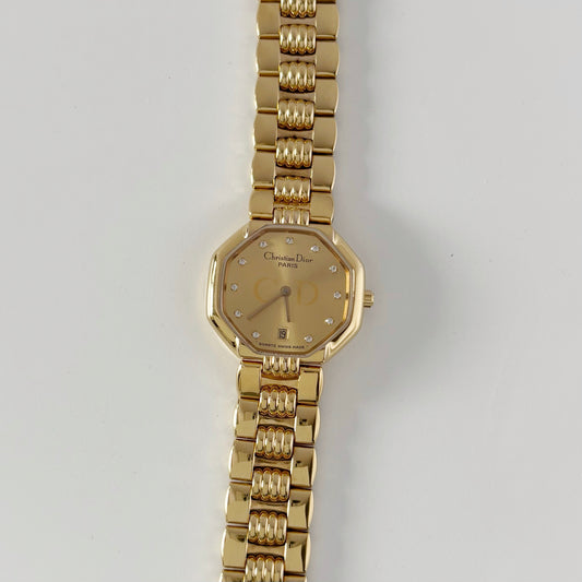 Dior 1990s Octagon Gold Dial Gold Plated Watch