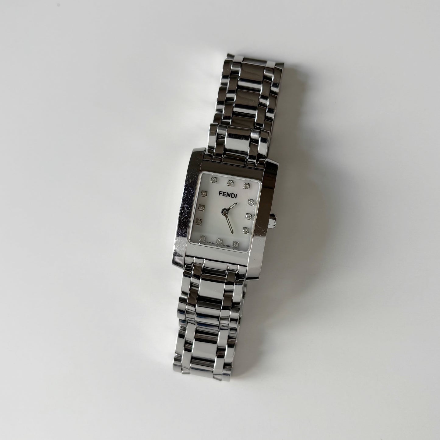 Fendi 1990s Seashell Dial Tank Silver Watch