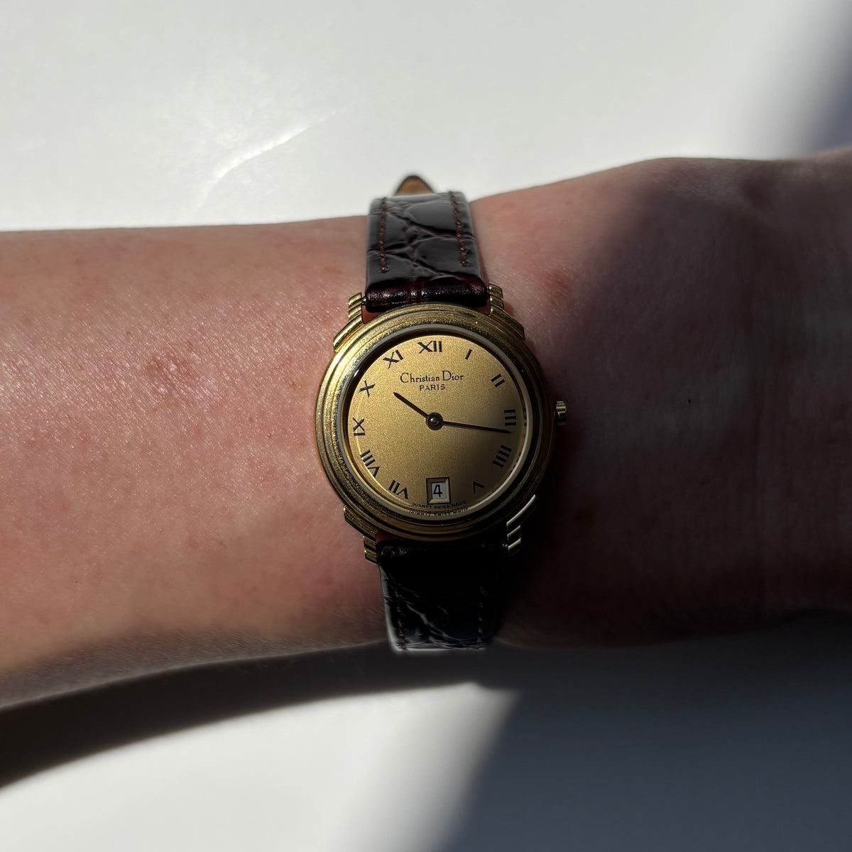 Dior 1990s Date Gold Round Dial Gold Plated Watch