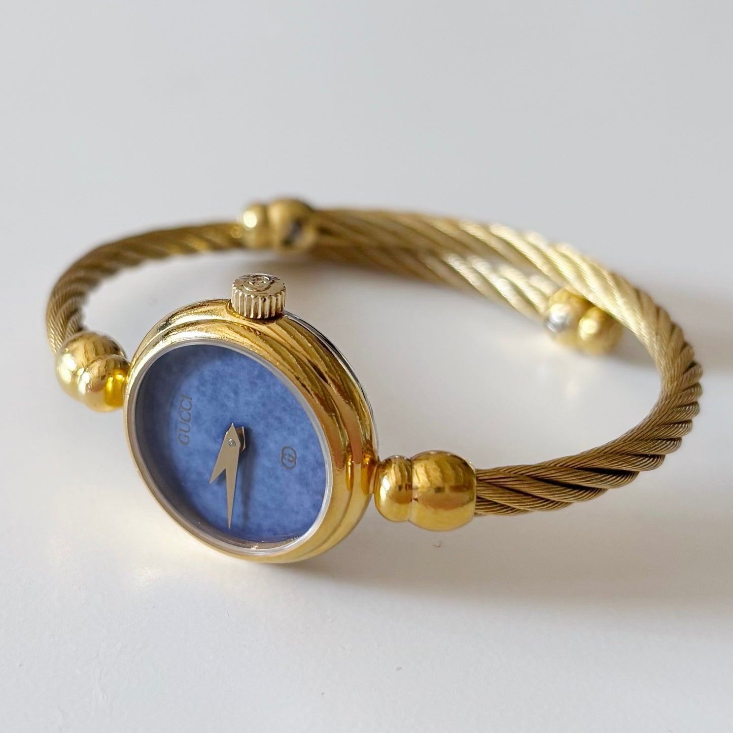 Gucci 1990s Blue Dial Gold Plated Cable Bangle Watch