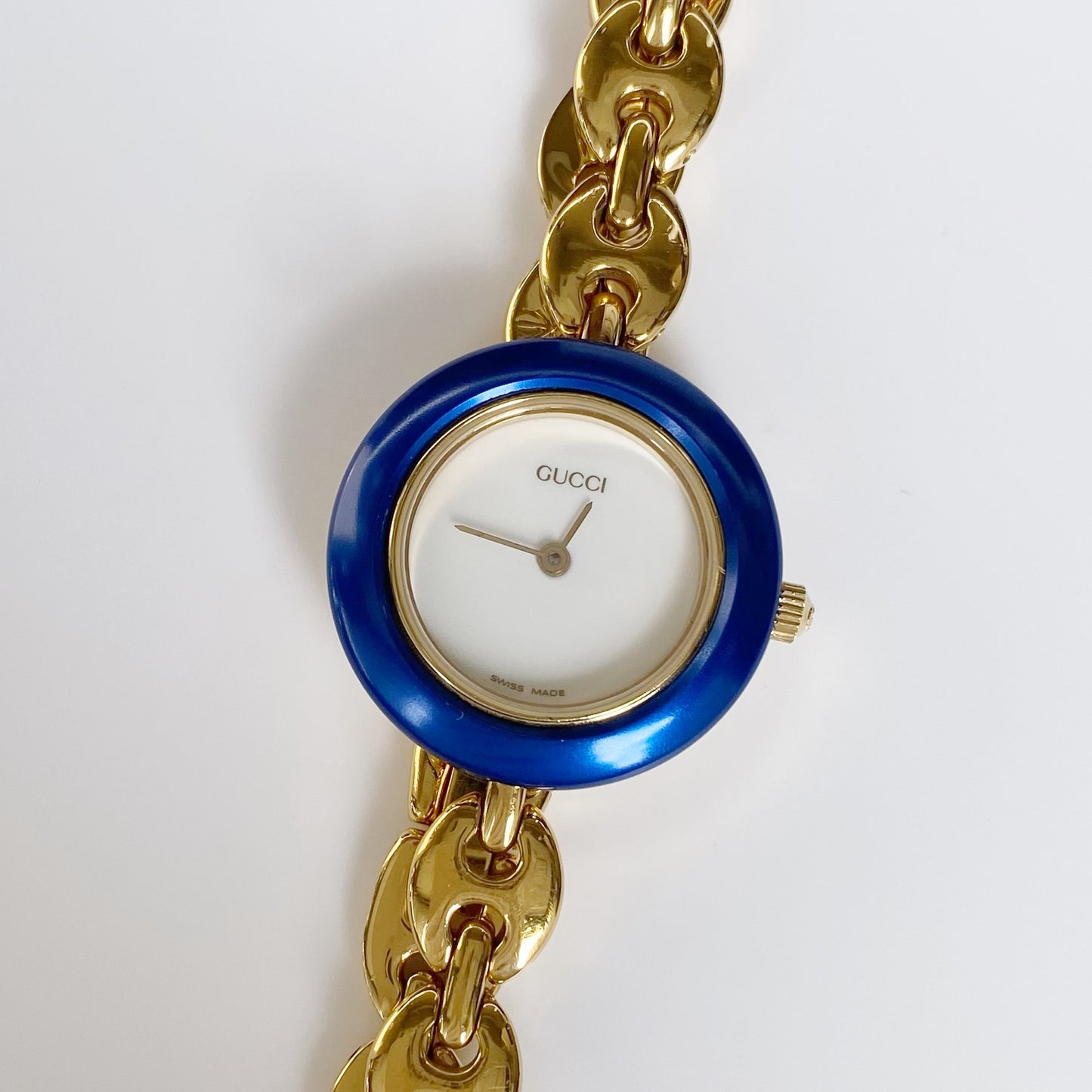 Gucci 1990s Interchangeable Bezel Gold Plated Watch with case, 6 bezels