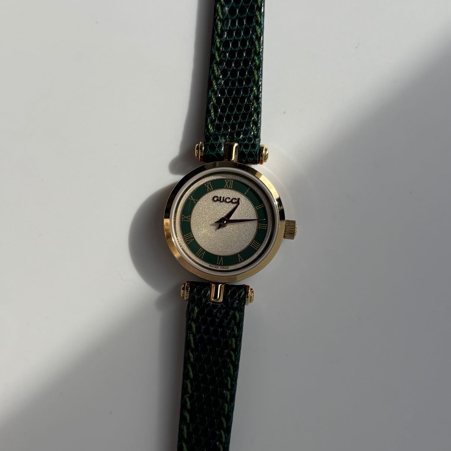 Gucci 1990s Round Dial Green Gold Plated Watch