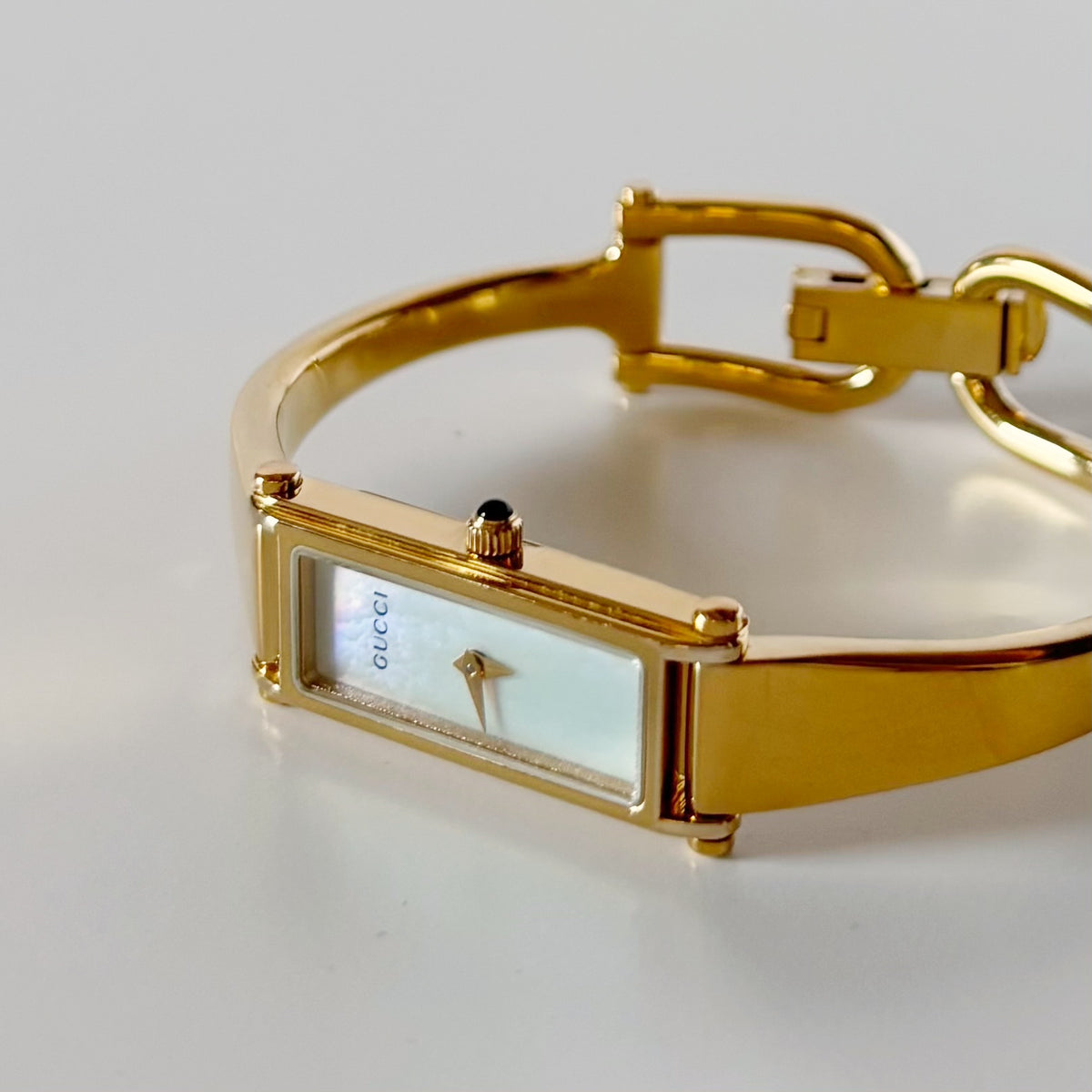 Gucci 1990s Seashell Dial Rectangular Gold-Plated Bangle Watch