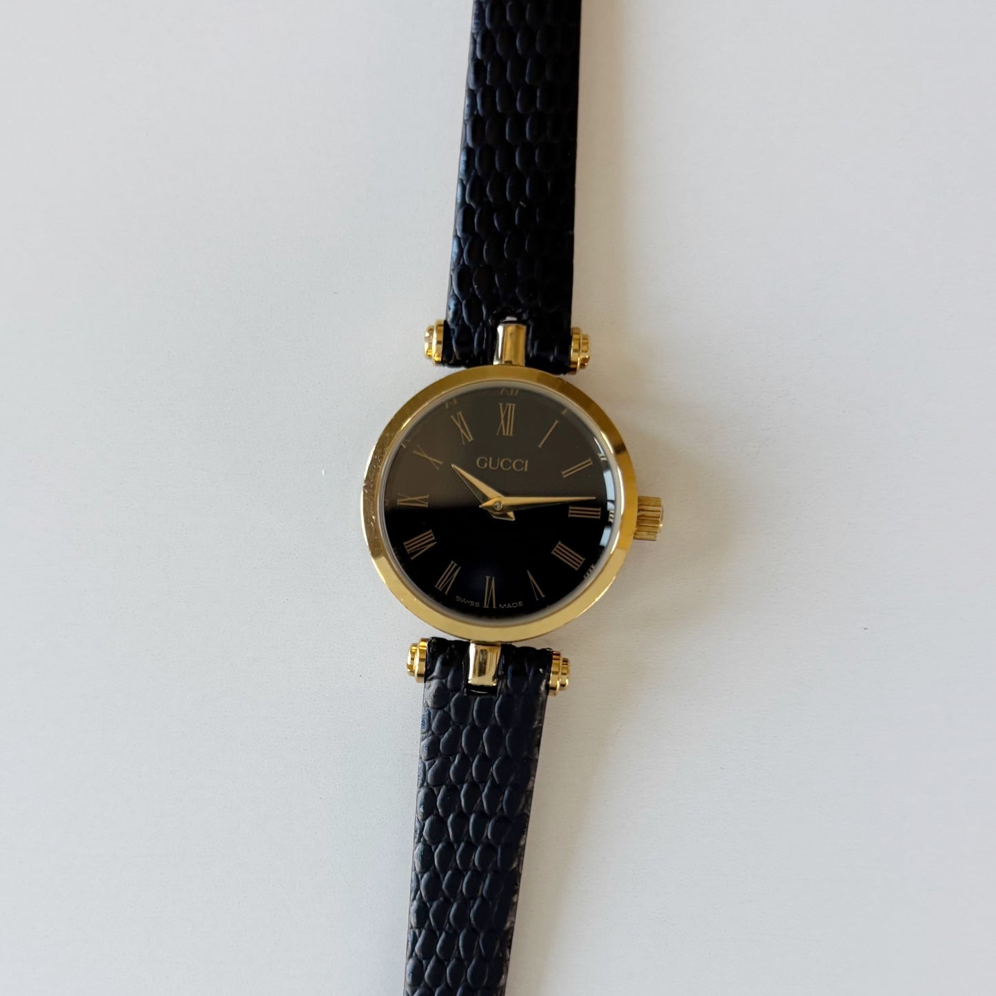 Gucci 1990s Black Round Dial Gold Plated Watch