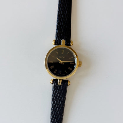 Gucci 1990s Black Round Dial Gold Plated Watch