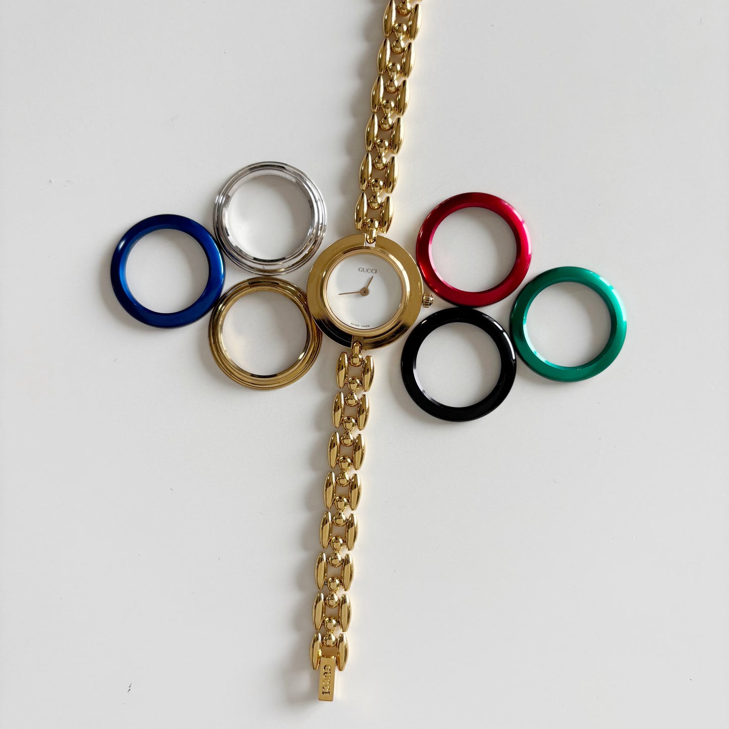 Gucci 1990s Interchangeable Bezel Gold Plated Rice Chain Watch with 6 bezels, case (160mm)