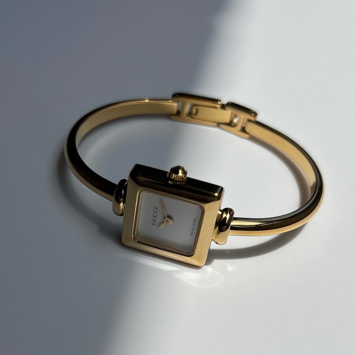 Gucci 1990s Square Dial Gold Plated Bangle Watch