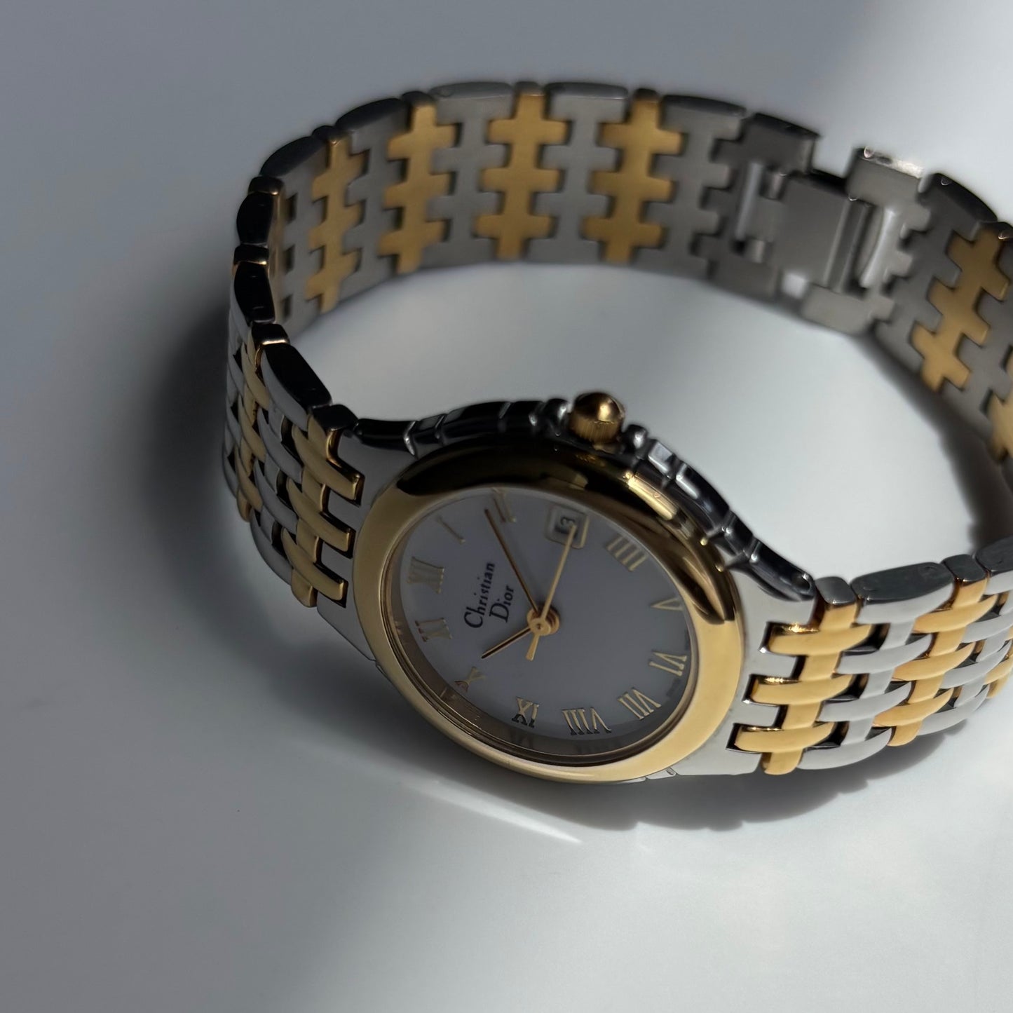 Dior 1990s Date Round Dial Two Tone Gold Plated Watch