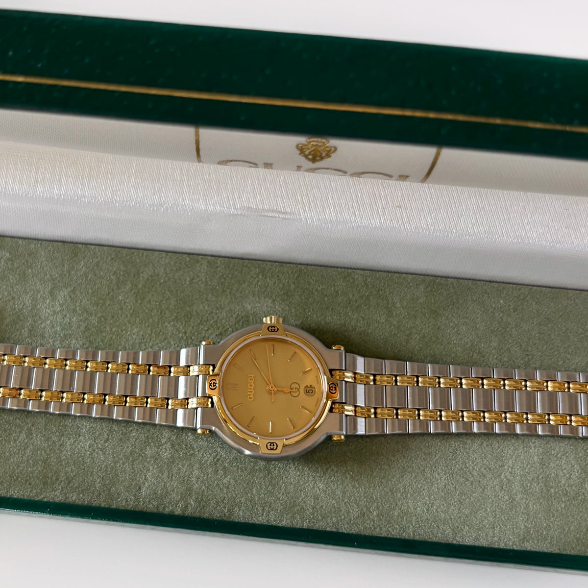 Gucci 1990s Round Dial Gold Plated Two Tone Watch