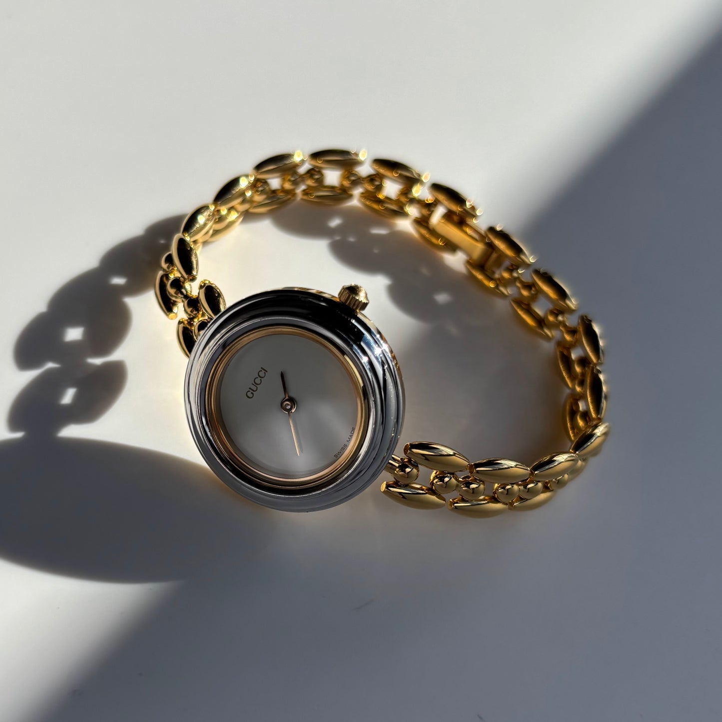 Gucci 1990s Interchangeable Bezel Gold Plated Rice Chain Watch with 6 bezels, case (160mm)