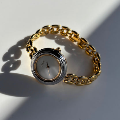 Gucci 1990s Interchangeable Bezel Gold Plated Rice Chain Watch with 6 bezels, case (160mm)