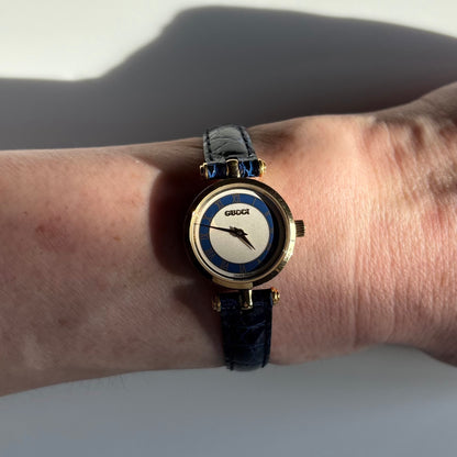 Gucci 1990s Round Dial Blue Gold Plated Watch
