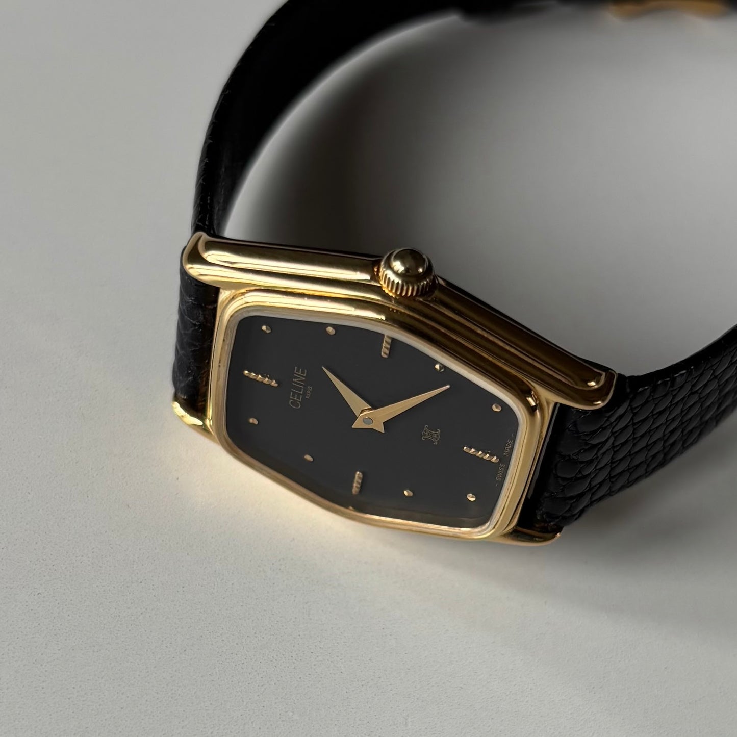 Celine 1980s Black Dial Gold Plated Watch