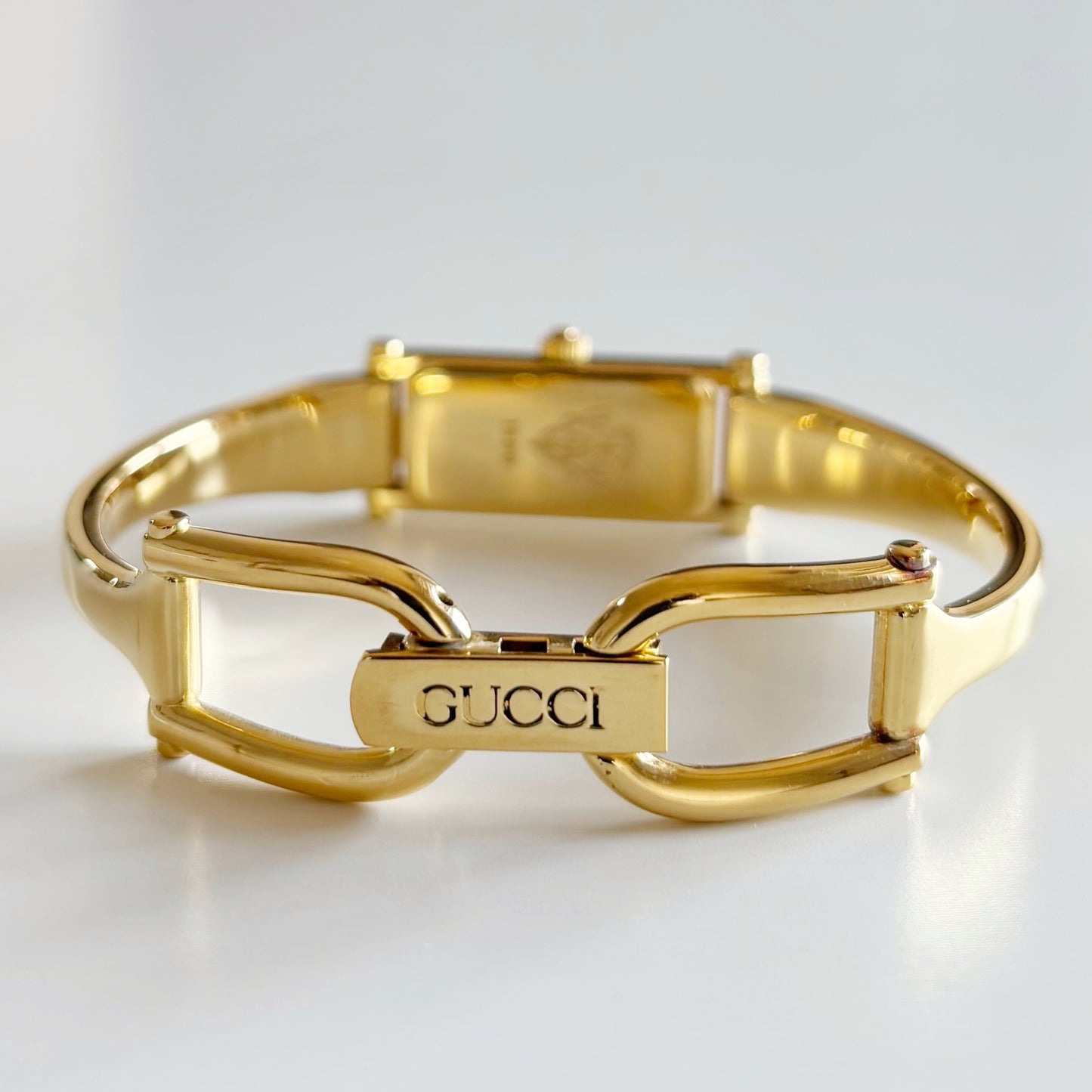 Gucci 1990s Gold Dial Rectangular Gold Plated Bangle Watch