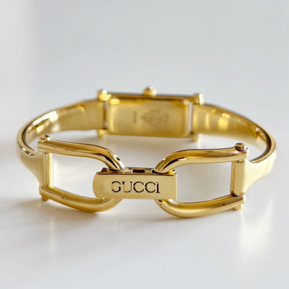 Gucci 1990s Gold Dial Rectangular Gold Plated Bangle Watch