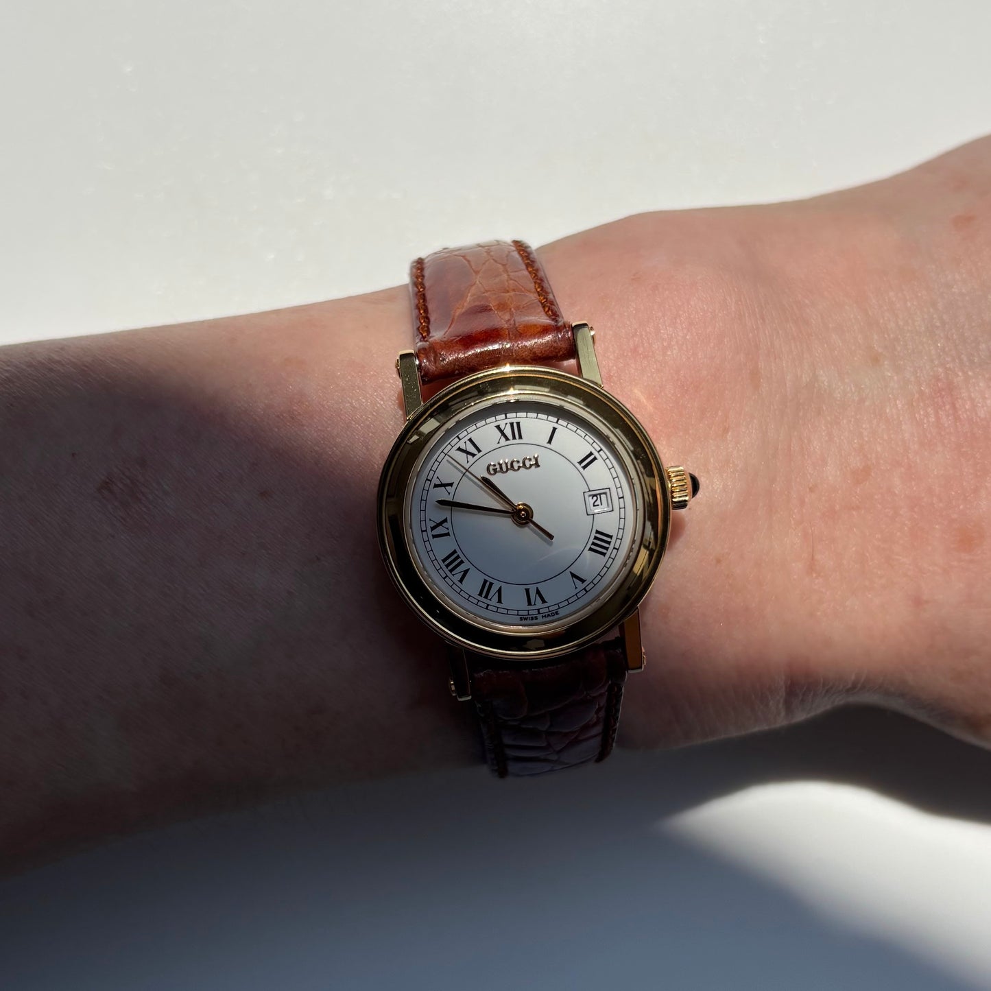 Gucci 1990s Date Round Dial Gold Plated Watch