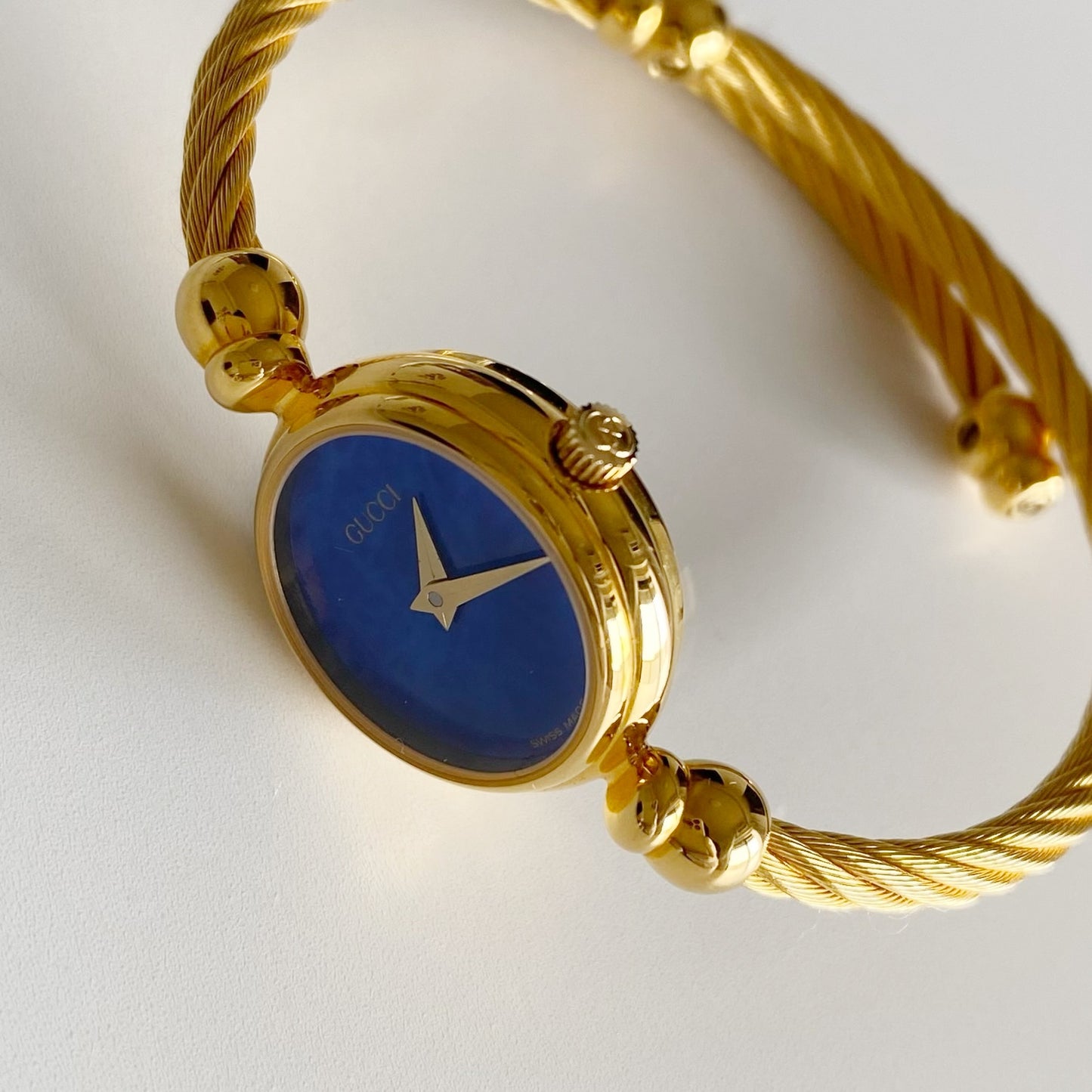 Gucci 1990s Blue Dial Gold Plated Cable Bangle Watch