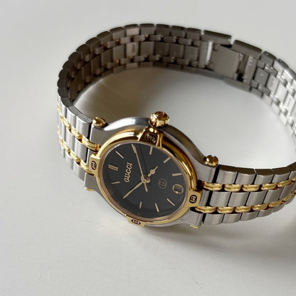 Gucci 1990s Black Dial Gold Plated Two Tone Watch