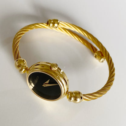 Gucci 1990s Black Dial Gold Plated Cable Bangle Watch
