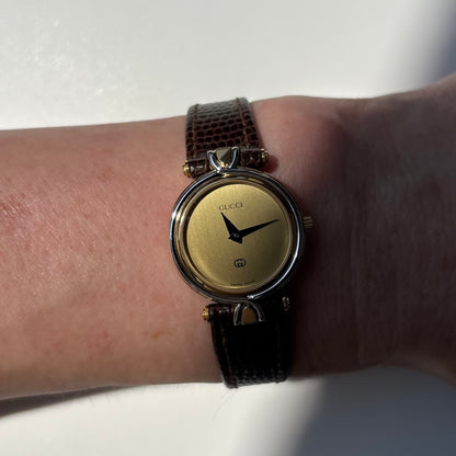 Gucci 1990s Gold Round Dial Two Tone Gold Plated Watch