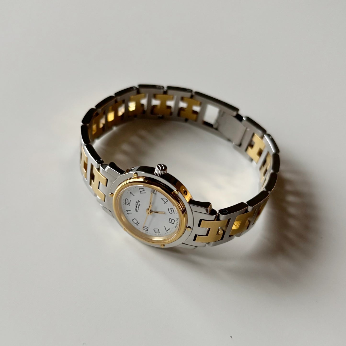 Hermes 1990s Clipper Round Dial Gold Plated Two Tone Watch