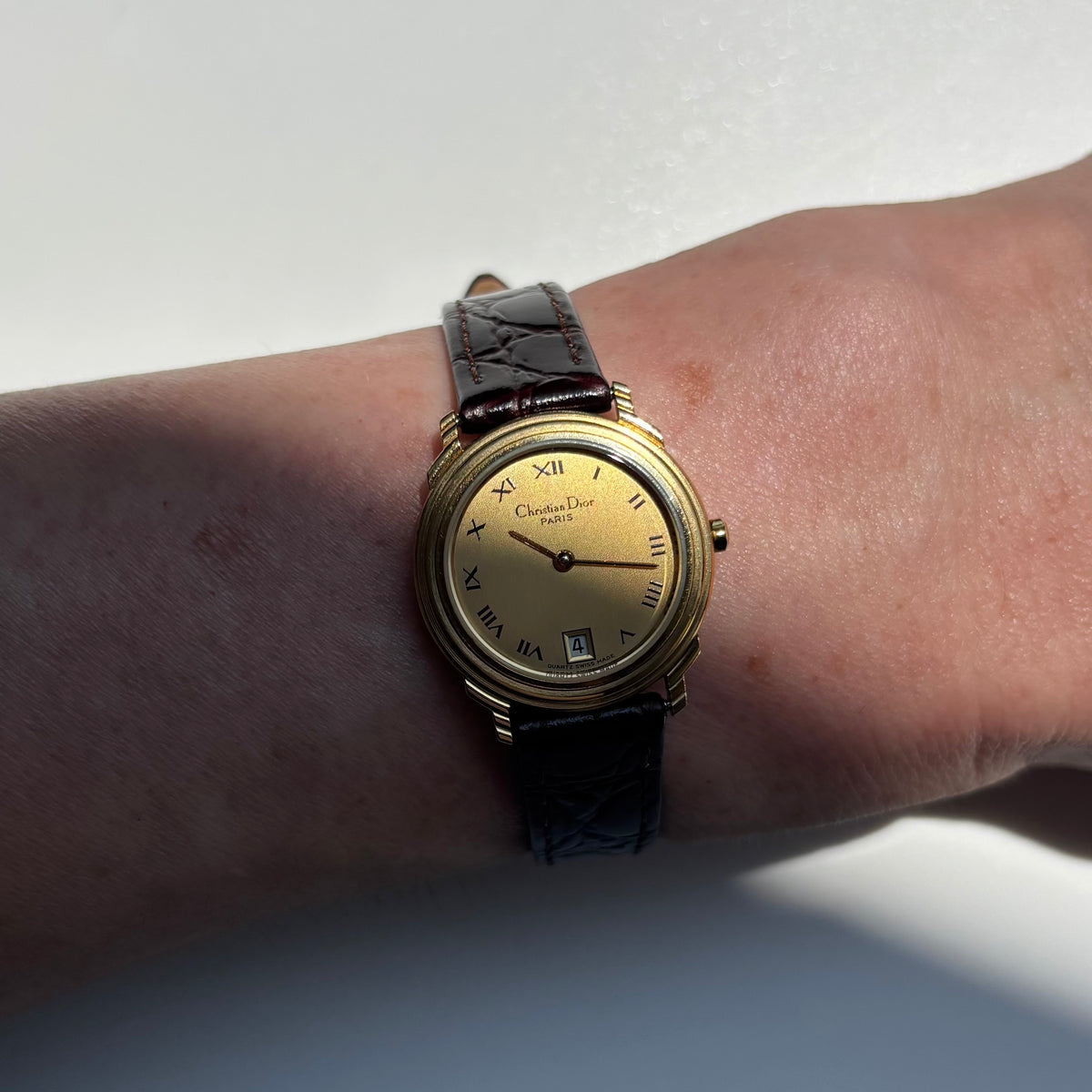 Dior 1990s Date Gold Round Dial Gold Plated Watch