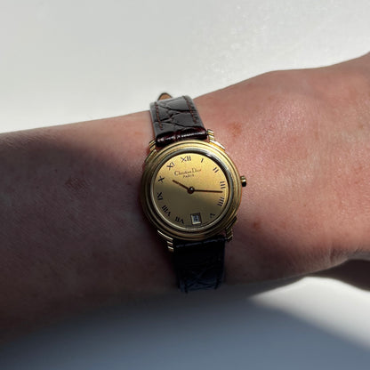 Dior 1990s Date Gold Round Dial Gold Plated Watch