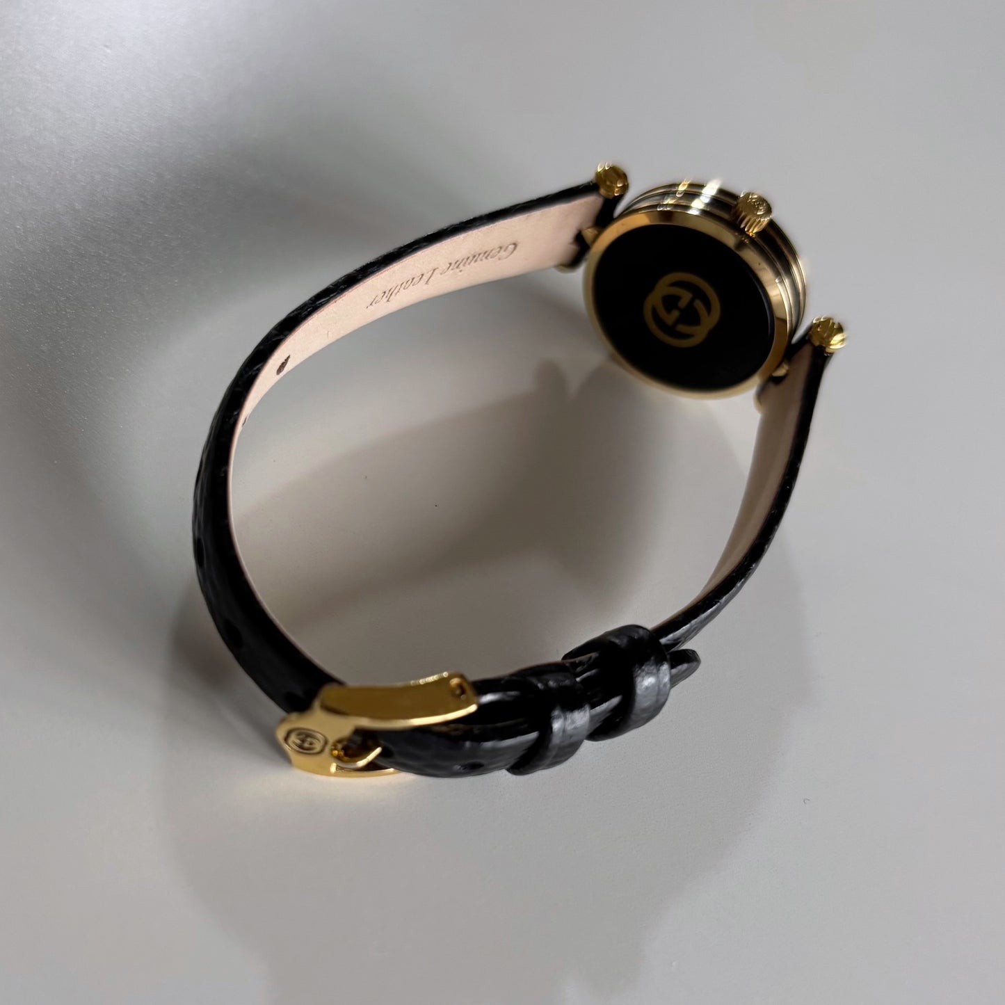 Gucci 1990s Black Round Dial Gold Plated Watch