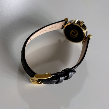 Gucci 1990s Black Round Dial Gold Plated Watch