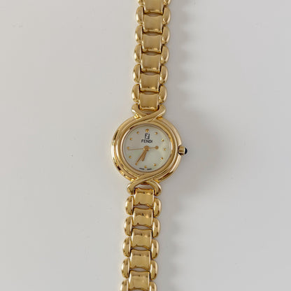 Fendi 1990s Seashell Round Dial Gold Plated Watch