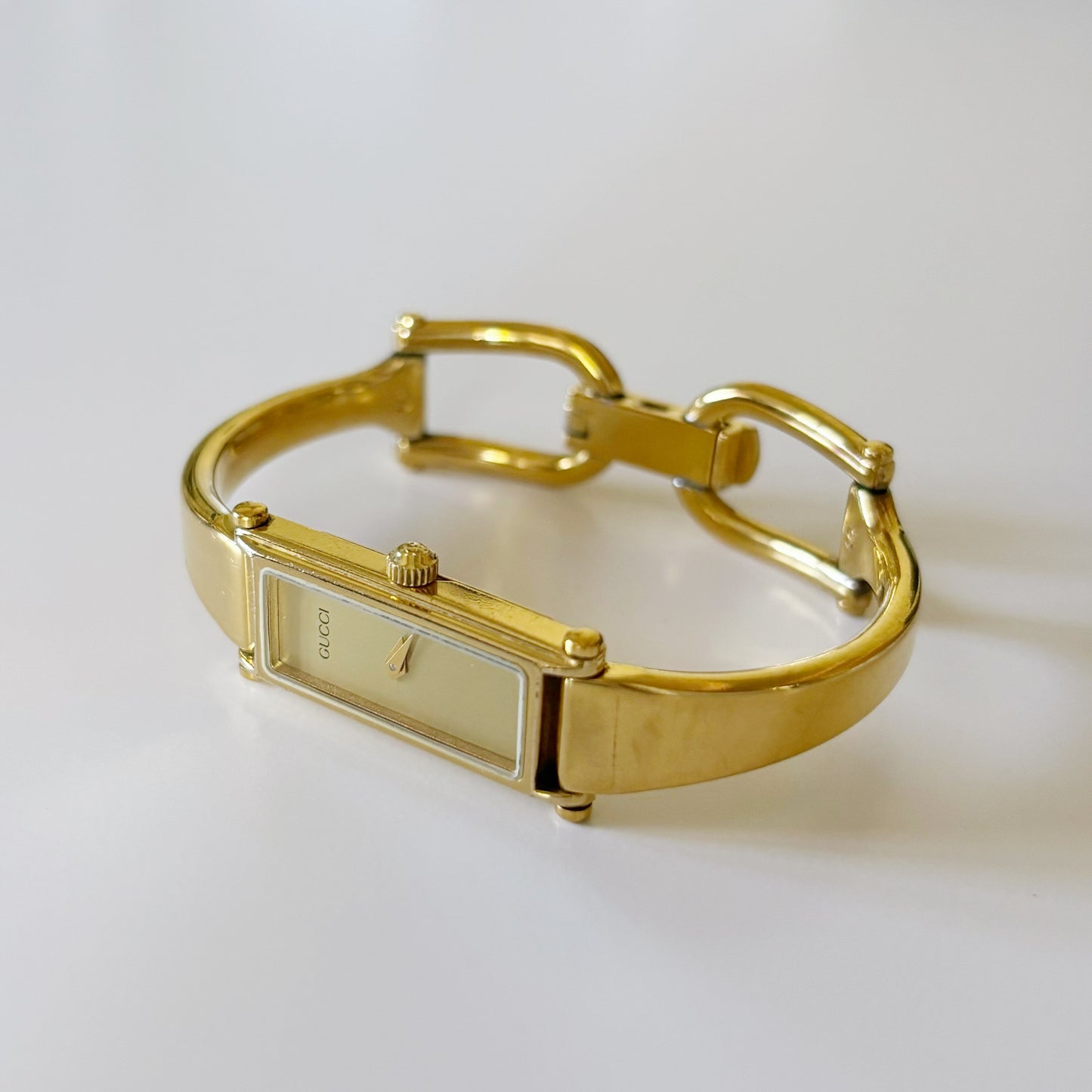 Gucci 1990s Rectangular Gold Plated Bangle Watch (Small)