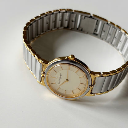Yves Saint Laurent 1990s Round Dial Two Tone Gold Plated Watch