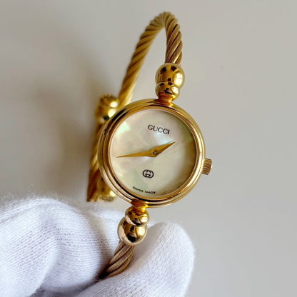 Gucci 1990s Seashell Dial Cable Gold Plated Bangle Watch
