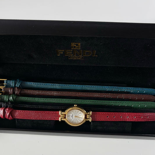 Fendi 1990s Interchangeable Strap Gold Plated Watch with 5 straps, case